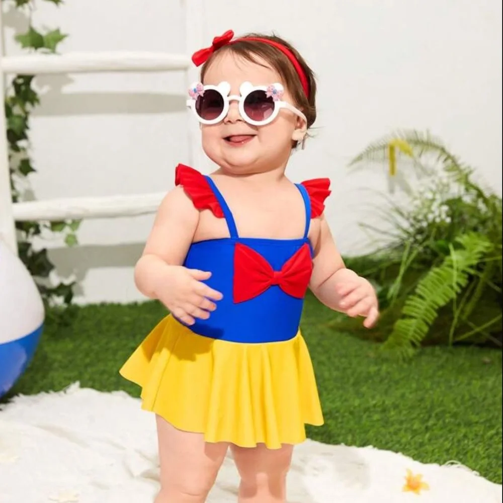 Disney Girls Snow Princess Swimdress One-piece Swim Dress Bowknot Bathing Suit